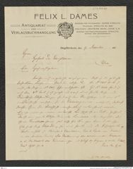 Nachlass Franz Steindachner, Brief von Felix L. Dames an Ludwig Ganglbauer (09.12.1911), Inv.Nr. 91.01, Seite 1